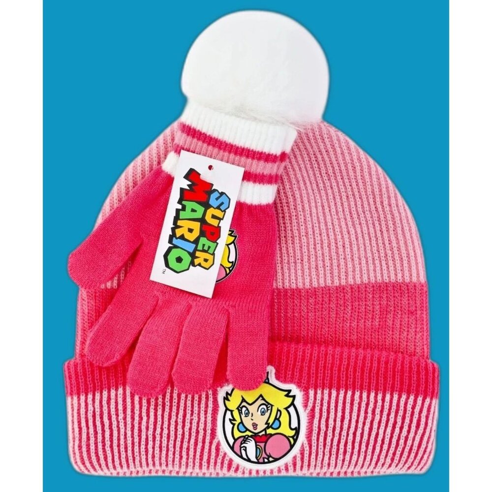 Nintendo Super Mario Girls Princess Peach Beanie Hat & Gloves 2pc Set NWT